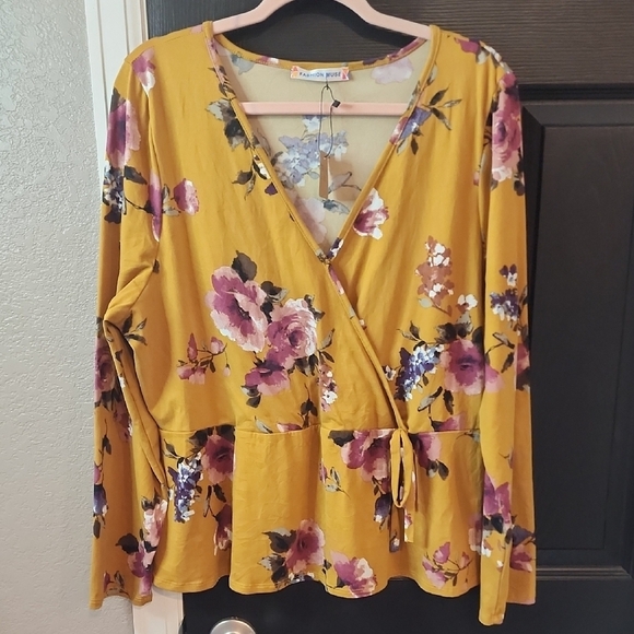 New York & Company Tops - New York & Company Yellow Wrap Blouse Long Sleeve Tie Front